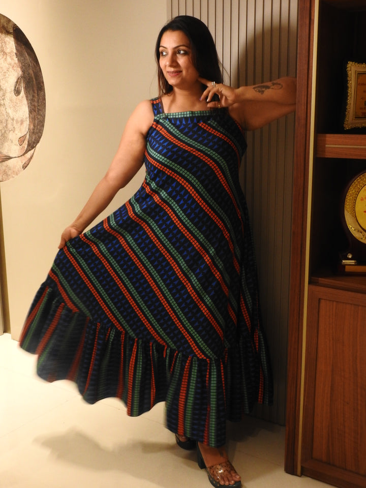 Blue Long Abstract Print Dress 