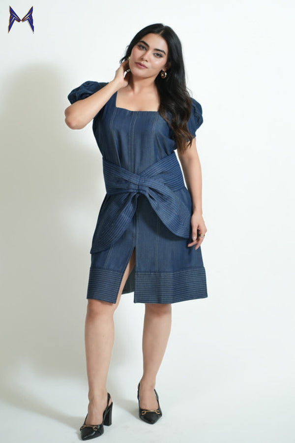 Blue Cotton Denim Midi Dress