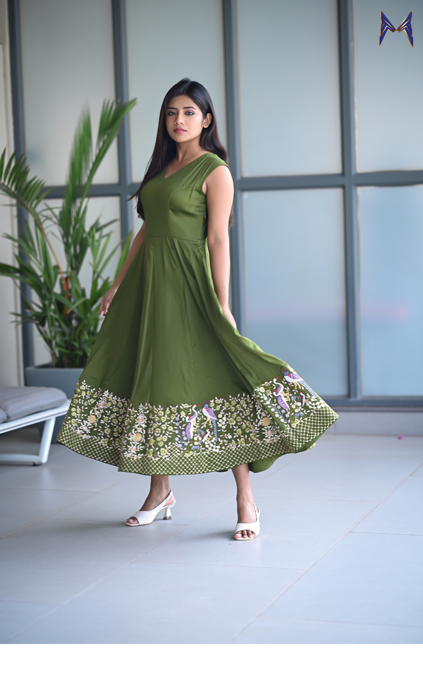 Graceful Mahendi Green Embroidered Anarkali