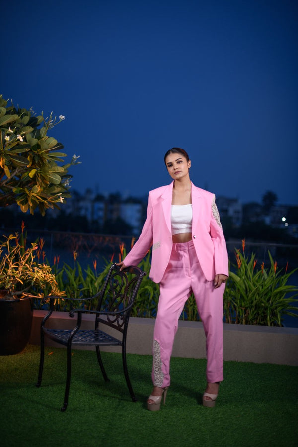 Pink Blazer Set With Lace