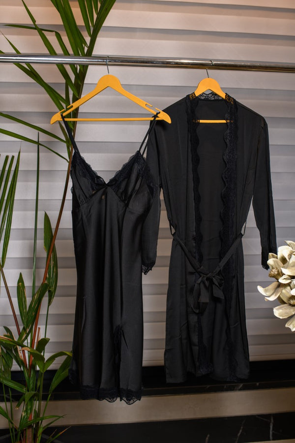 Black Night Suit with Robe for Women 