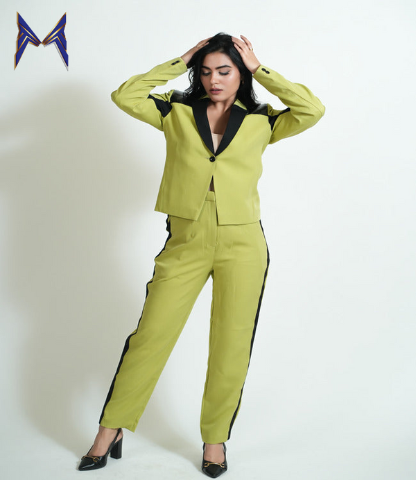 Apple Green Colour Block Blazer Set