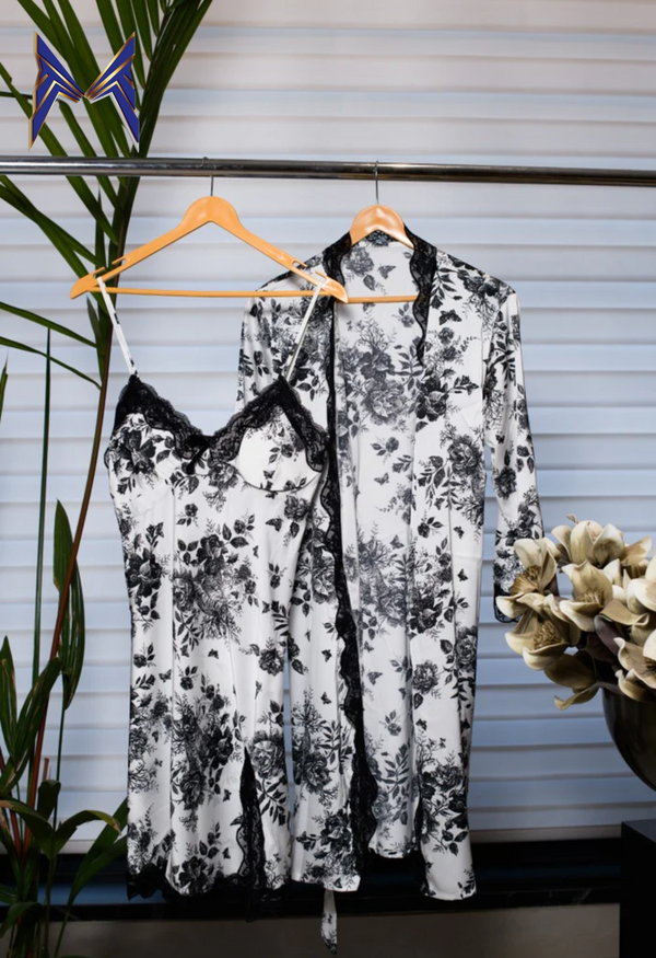 Black and White Matching Jacket Night Gown for women 