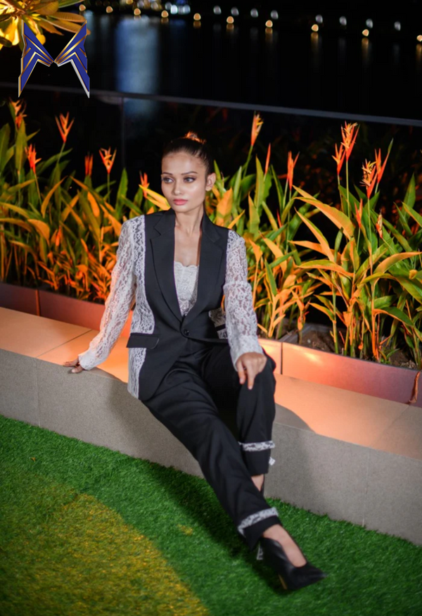 Black Blazer Set With Lace