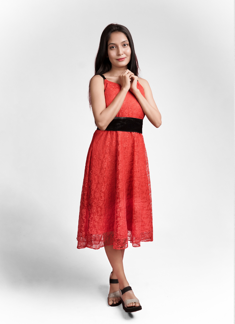 Red Net Elegance Dress with Black Luxe Embellishments